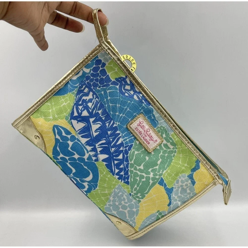 Estee Lauder Lilly Pulitzer Cosmetic Makeup bag Blue Green Gold Trim